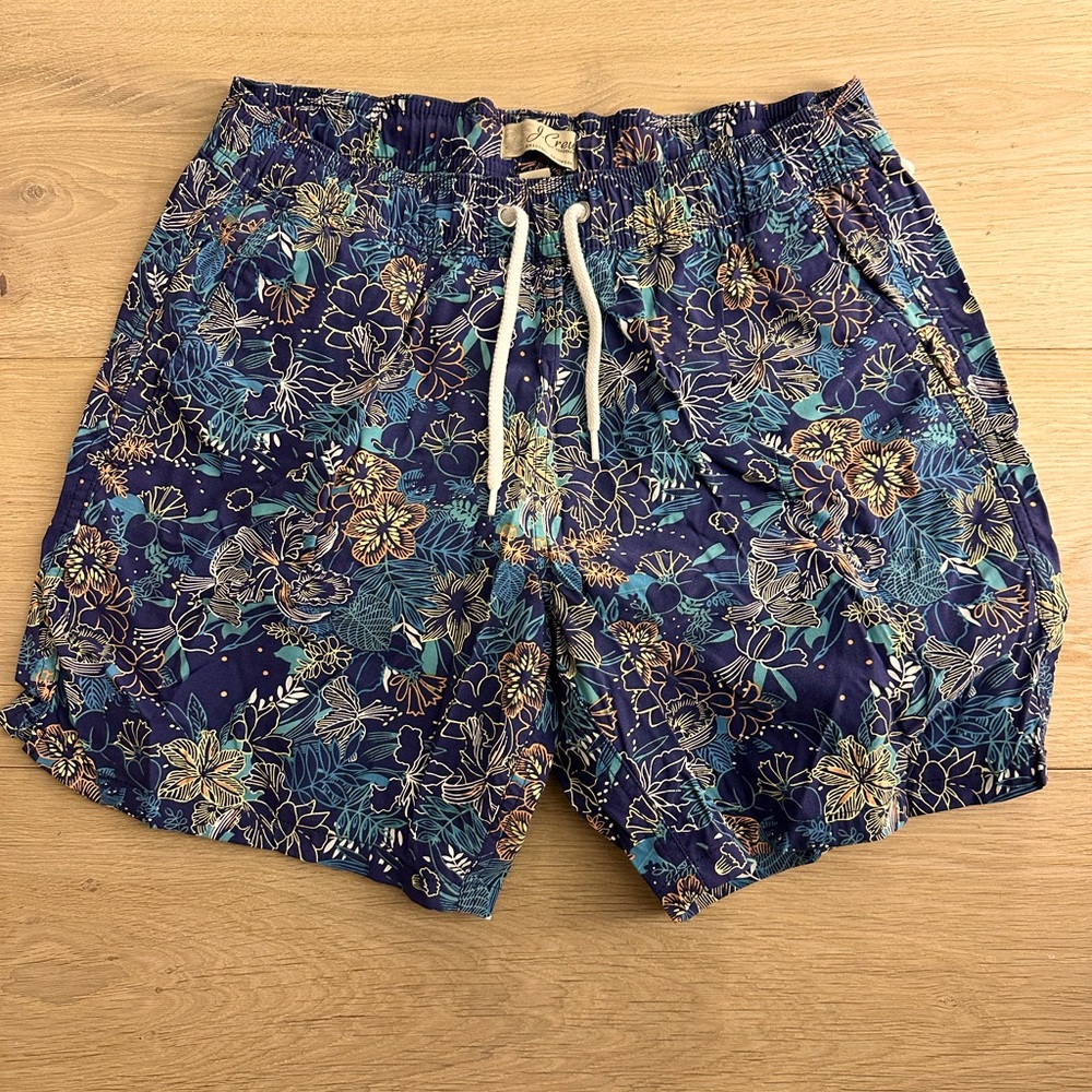 Men's Floral Swim Trunks - Navy Blue with Teal & Gold Accents